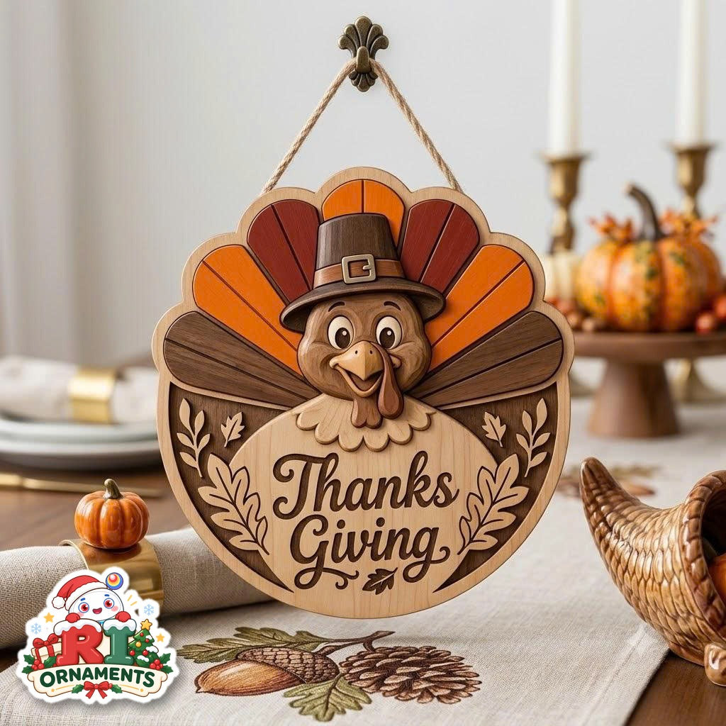 Wooden Turkey Thanksgiving Sign, 3D Turkey Door Hanger, Rustic Fall Wa ...